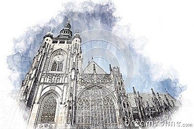 abstract architecture sketch style image of outdoors view of Prague cathedral Stock Photo