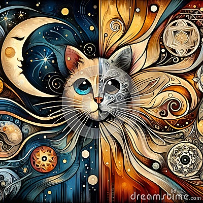 Abstract art of adorable cat and the cute moon, combined two defferent things in a unique design, bold painting, fantasy Stock Photo
