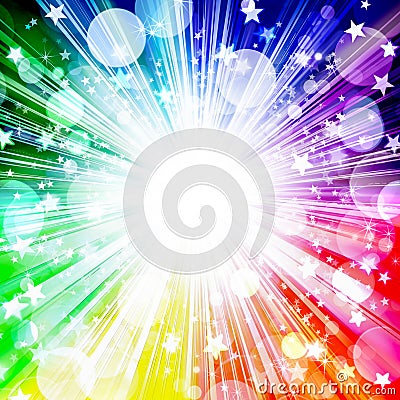 Beautiful bright rainbow background, burst stars, stars, circles, rays, holiday, fun, party, music festival, vacation, rainbow Cartoon Illustration