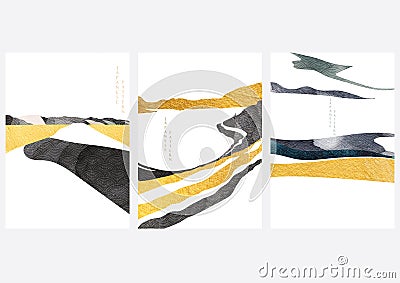 Abstract art background with Japanese wave pattern vector. Mountain landscape banner with watercolor texture in vintage style Vector Illustration