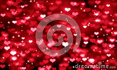 Red hearts on black background, blurred bokeh background, crimson, pink, bright, glitter, holiday, lights, glow, Valentine`s day, Stock Photo