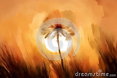 Abstract art, beautiful flowers in sunset backgrounds, watercolours, Created using generative Ai Cartoon Illustration