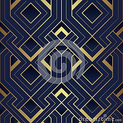 Abstract art deco seamless blue and golden pattern Vector Illustration