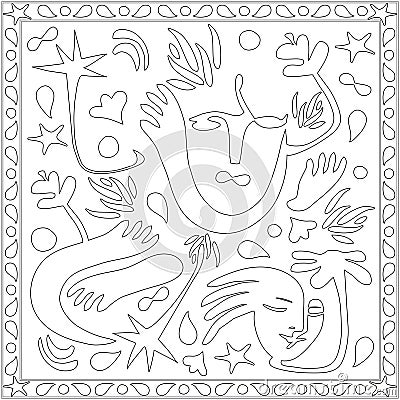 Abstract Art Designs Contemporary Face Hands Palm Tree Nature Bubble Doodles Hand Drawn Coloring Page Vector Illustration