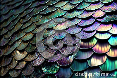 Abstract art of dragon skin in seamless iridescent fantasy scales design. Stock Photo