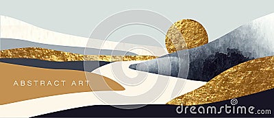 Abstract art landscape. Golden sun. Grey, beige, gold hills with watercolor texture. Vector Illustration