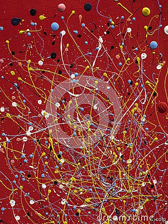 abstract art picture in jackson style pollock color splash on red background Stock Photo