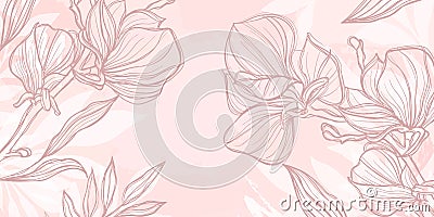 Abstract art pink floral background. hand draw outline flowers magnolia sketch with leaves and brush stroke. Vector background for Vector Illustration