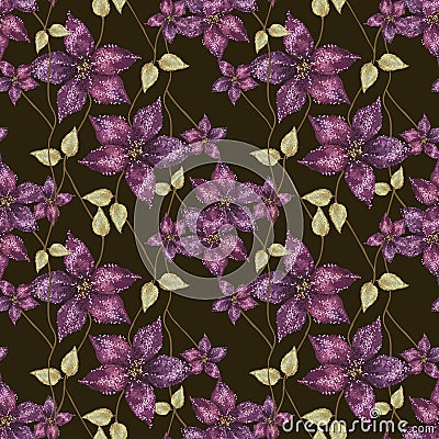 Abstract art purple amaryllis flowers with leaves on Black background Vector Illustration