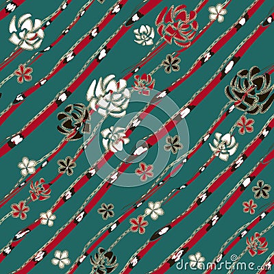 Abstract art roses like brooch, coral snakes and jewelry diamond chains on turquoise background. Vector Illustration