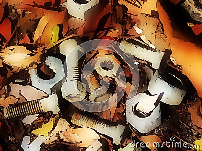 Abstract Art: Rusting Industrial Nuts & Bolts In Dry Leaves, In Distressed Or Washed Cartoon Effect Stock Photo