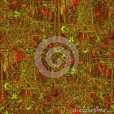 Abstract art, seamless pattern, background. Very complex and bright. Lot of details, shapes. Curved lines. Red, green and yellow. Stock Photo