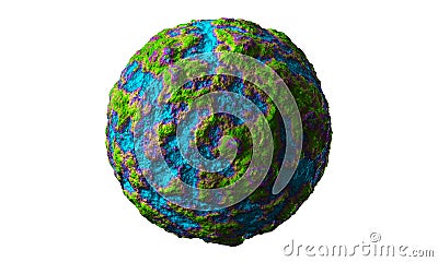Abstract art of surreal 3d stone ball sphere or planet earth, moon, or asteroid with damages and scratches with green Stock Photo