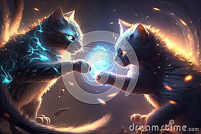 Abstract art in two young cat fighting with laser powerful spotlight coloring. Stock Photo
