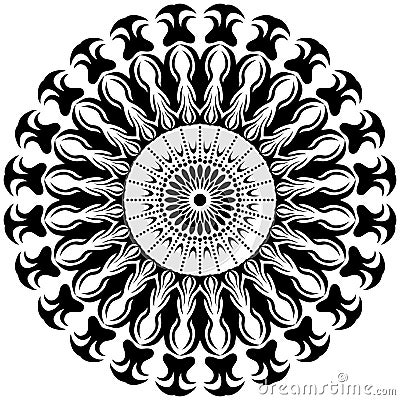 Vector Black and white Mandala ornament, sapling around circular center flower pattern. Vector Illustration