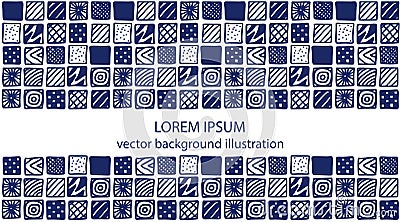 Hand drawn blue patterned squares. Vector Illustration