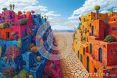 abstract art of a vibrant, densely packed setting juxtaposed with a barren, sparse landscape, creating powerful visual disparities Stock Photo