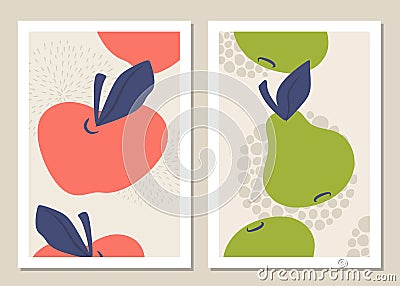 Abstract art wall with fruits. Abstract apples, pears and shapes for collages, posters, covers, perfect for wall decoration. Vecto Vector Illustration