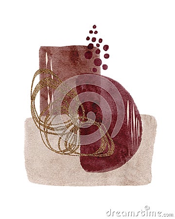 Abstract art watercolor rectangles and semicircular shapes print, burgundy colors and old gold decorative elements Stock Photo