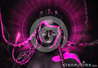 Abstract art with woman with face art. Neon colors. Pink and black body paint. Young girl with colorful bodypaint. An Stock Photo