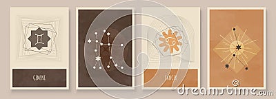 Abstract art with zodiac celestial sign and constellation. Cancer as crab, Gemini as Twins. Wall art in vintage style Vector Illustration