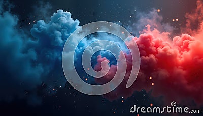 Abstract artistic image of dynamic blue, red clouds of smoke. Fluid forms, particles create vibrant visual effect against dark Stock Photo