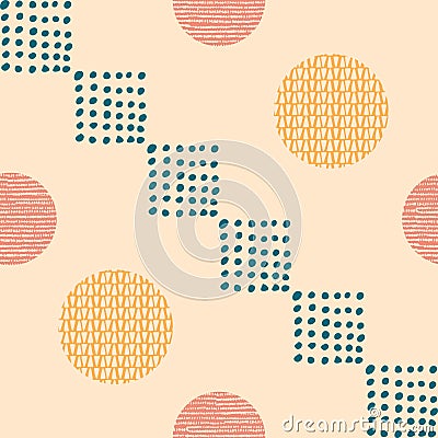 Abstract artistic seamless repeat pattern with hand drawn textures. Modern design with geometric elements. Vector design. Vector Illustration