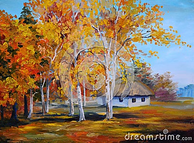 Abstract artwork, oil painting - forest house Stock Photo