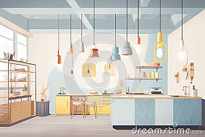 abstract asymmetrical pendant lighting in a showroom, magazine style illustration Cartoon Illustration