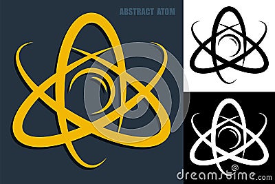 Abstract atom icon. Electrons revolve around proton in orbits. Nuclear power. Vector Vector Illustration