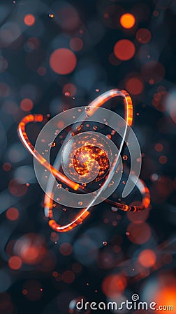 abstract atom model with glowing core and orbits in a bokeh background Cartoon Illustration
