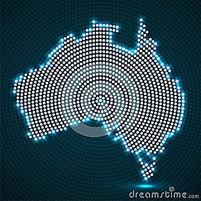 Abstract Australia map of glowing radial dots Vector Illustration