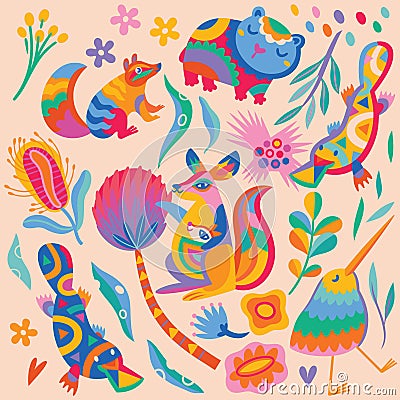 Abstract Australian animals, flowers and leaves set. Vector illustration Vector Illustration