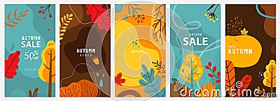 Abstract autumn backgrounds vector set. Fall banners with leaves, trees, plant twigs, berries for ad, social media Vector Illustration