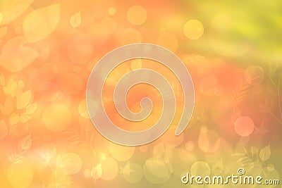 Abstract autumn gradient gold yellow pink green bright background texture with leaves and bokeh circles. Indian summer. Card Stock Photo