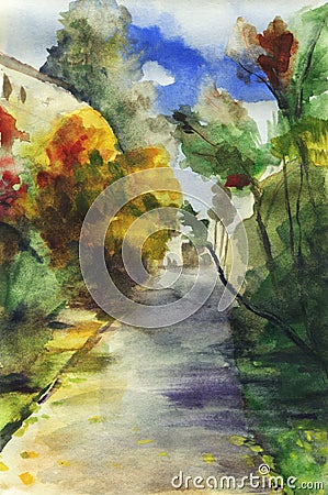 Abstract autumn landscape with walkway and trees. Cartoon Illustration