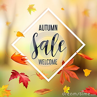 Abstract autumn Sale banner with flying leaves Vector Illustration