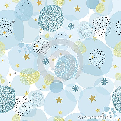 Abstract baby shower background. It`s a boy. Baby shower greeting card with square, stars, hearts and roses seamless fabric patter Vector Illustration