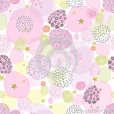 Abstract baby shower background. It`s a girl. Baby shower greeting card with square, stars, hearts and roses seamless fabric patte Vector Illustration