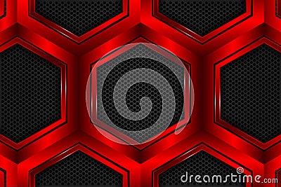 Red hexagon metallic on black mesh as background Vector Illustration