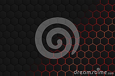 Hexagonal shape, black gray pattern with red light background as an abstract background Vector Illustration