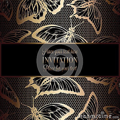 Abstract background with antique, luxury black and gold vintage frame, victorian banner, butterflies on lace crochet, Vector Illustration