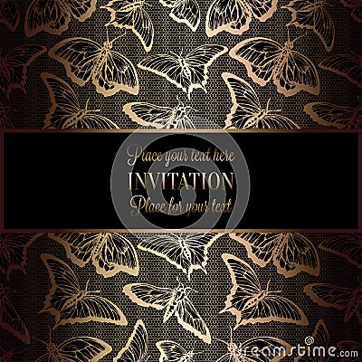 Abstract background with antique, luxury black and gold vintage frame, victorian banner, butterflies on lace crochet, Vector Illustration