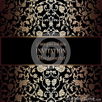 Abstract background with antique, luxury black and gold vintage frame, victorian banner, damask floral wallpaper ornaments Vector Illustration