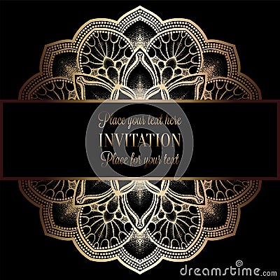 Abstract background with antique, luxury black and gold vintage frame, victorian banner, damask floral wallpaper ornaments Vector Illustration