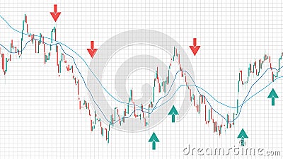 background of arrow indicator ema cross stock and candle stick bar chart graph green and red on white background Vector Illustration