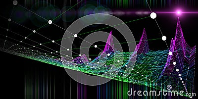 Abstract background with bending color grid on black. Visual presentation of analytics 3d algorithms. Big data. Banner for Stock Photo