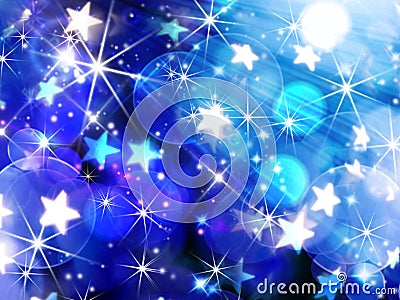 Blue blurred festive bokeh background, circles, stars, glitter, Cartoon Illustration