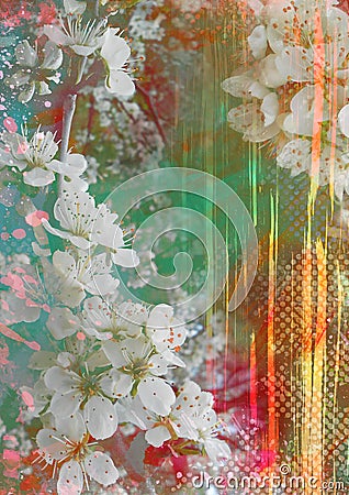 Abstract background with blooming flowers and light rays and glare Stock Photo