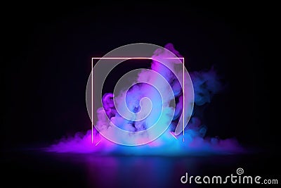 Abstract background with blue and purple smoke and golden frame. Stock Photo